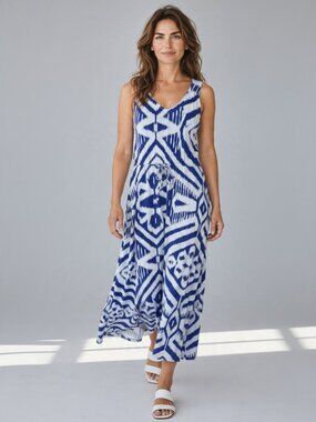 Talbots Blue White Ikat Print Sleeveless Maxi Dress Cotton Modal Stretch, Large